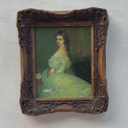 Lady in Green | Vintage Portrait Oil Painting | Carved Wood Frame | 11.2×13.2in