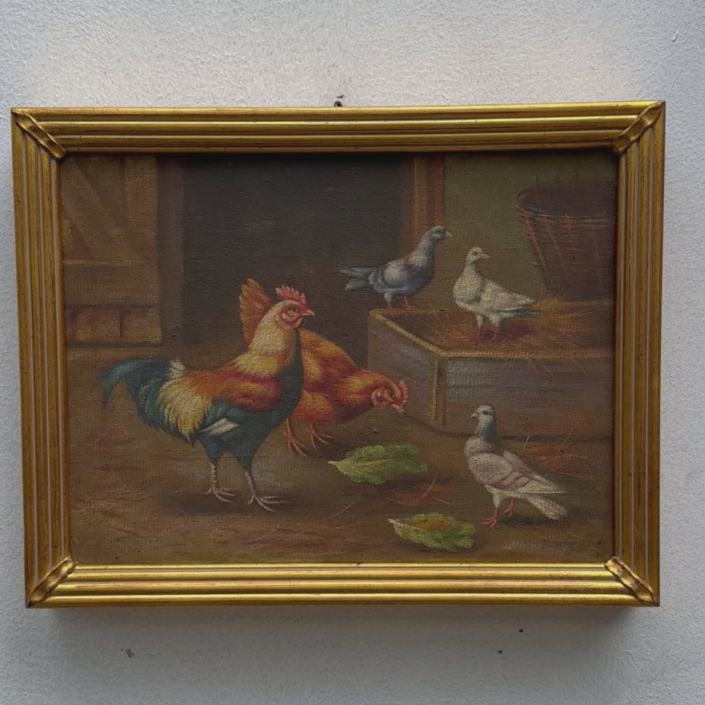 Rooster, Hens & Pigeons Barnyard Oil Painting | Dark Background | Gold Frame | Original 1960s | 46×36cm