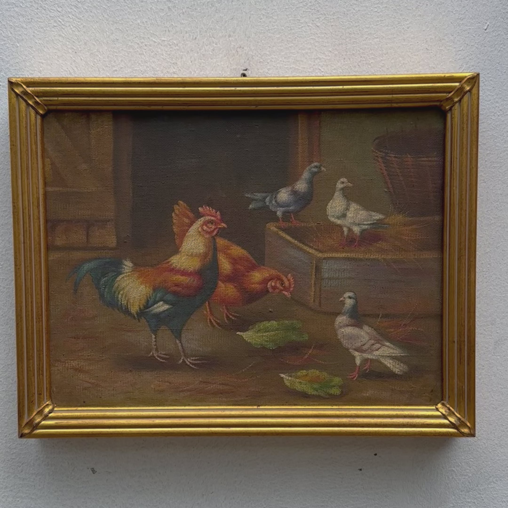Vintage Poultry Oil Painting, Hand Painted Rooster and Dove Wall Art  46 × 36 cm