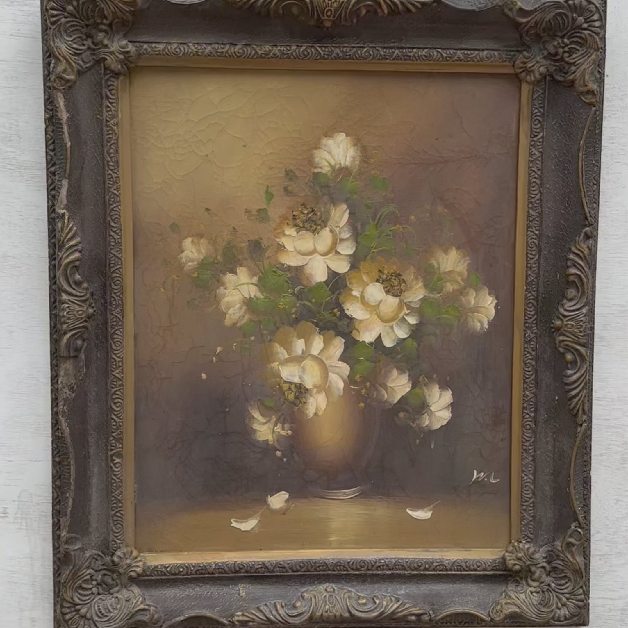 Original Signed Floral Still Life Hand-Painted Oil Painting with Natural Craquelure in Baroque Aged Gold Frame ( with Frame 56 x 66 cm )