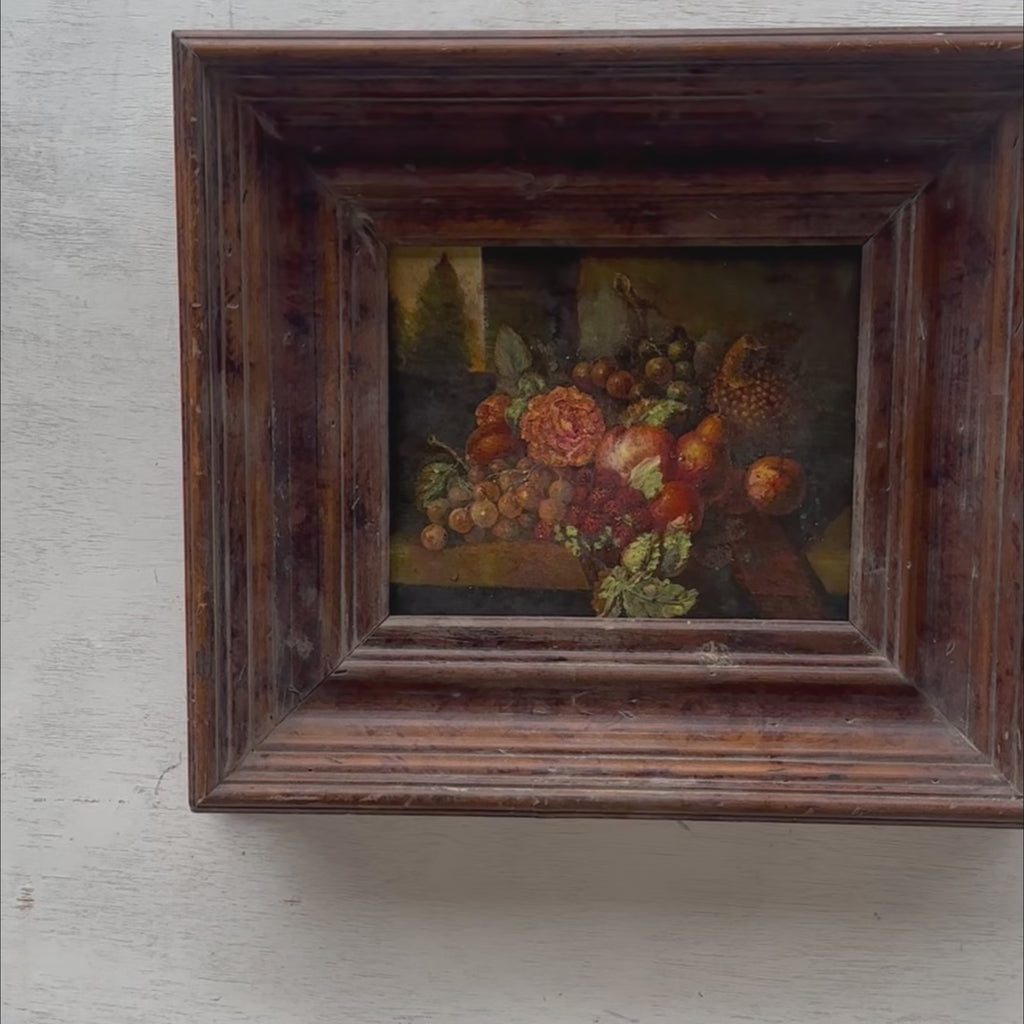 Fruits & Flowers Still Life Oil Painting | Dramatic Light & Shadow | Dark Wood Frame | Original 1940s | 43×38cm