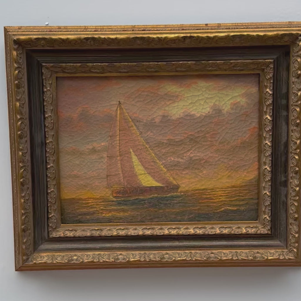Sailboat at Sunset | Vintage Seascape Oil Painting | Craquelure | Ornate Gold Frame | 22.8×18.5in