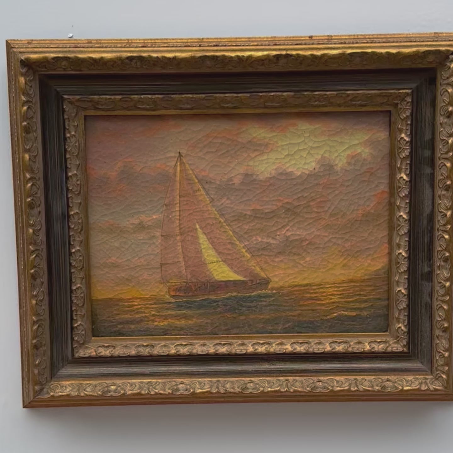 Sailboat at Sunset | Vintage Seascape Oil Painting | Craquelure | Ornate Gold Frame | 22.8×18.5in