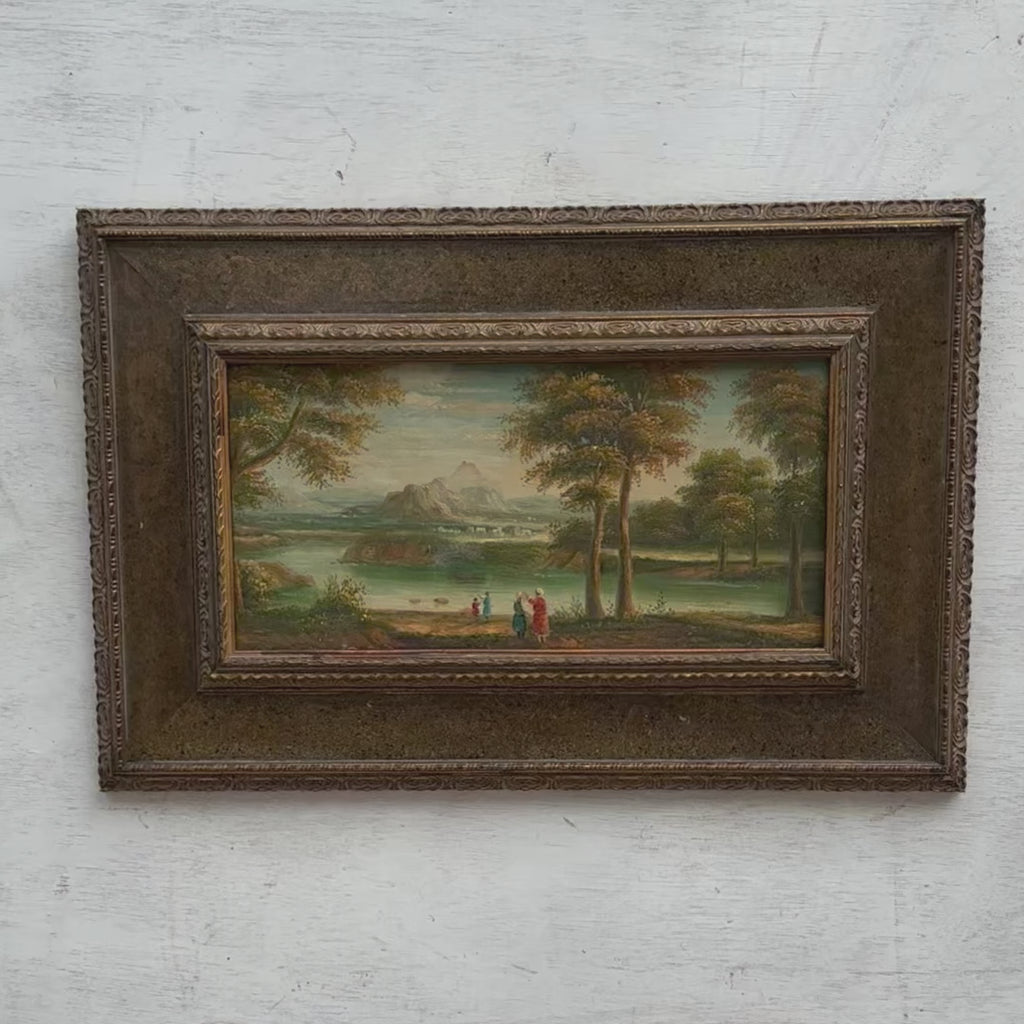 Panoramic Mountain Lake Landscape Oil Painting | Figures on Shore | Bronze Gold Frame | Original 1950s
