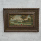Panoramic Mountain Lake Landscape Oil Painting | Figures on Shore | Bronze Gold Frame | Original 1950s