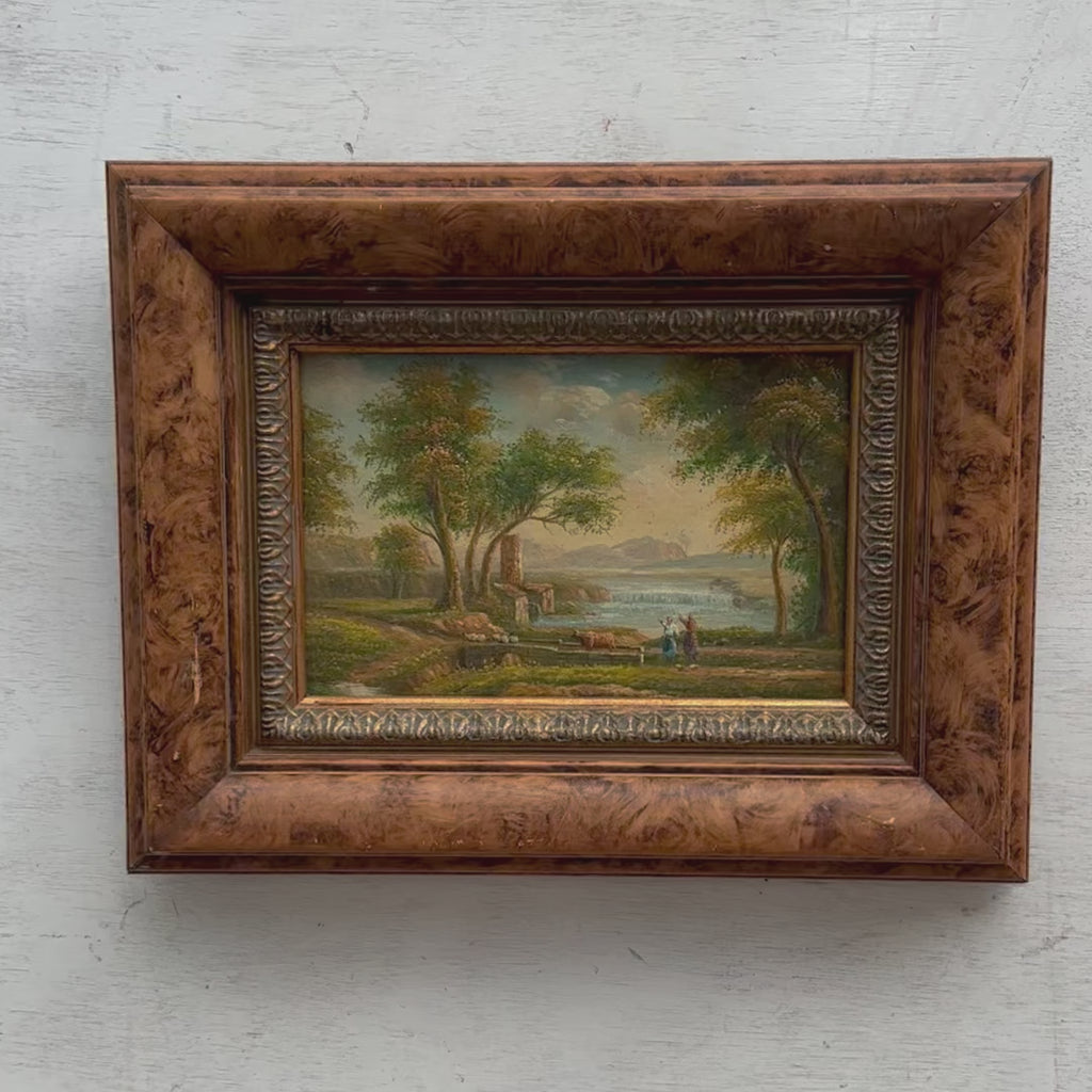 Old Lakeside Mill Oil Painting | Tall Trees & Distant Mountains | Walnut Grain Frame | Original 1960s | 48×38cm
