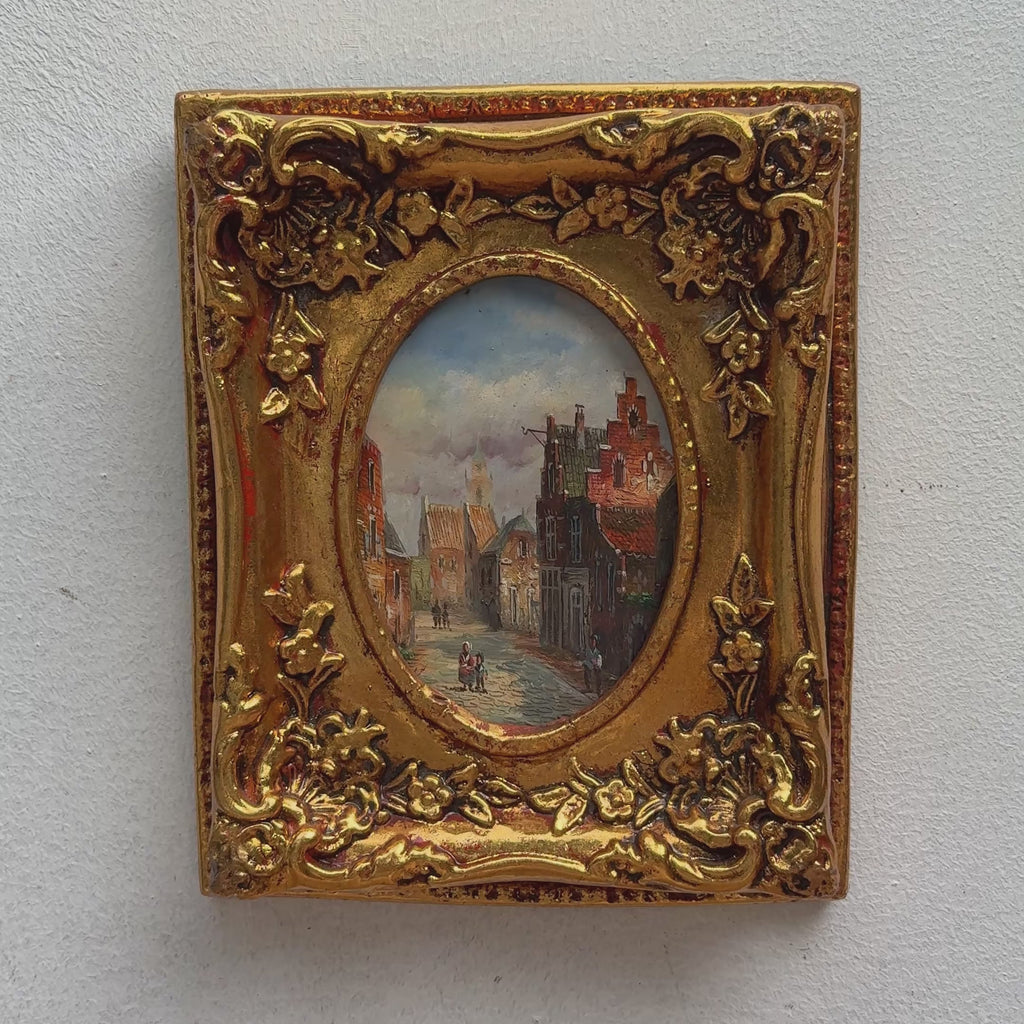 Miniature Old Town Street Scene Oil Painting | Oval Frame | Clock Tower | Gold Gesso Frame | Original circa 1985