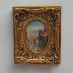 Original Framed Vintage European Street Scene Oil Painting, Miniature Townscape in Ornate Gold Frame