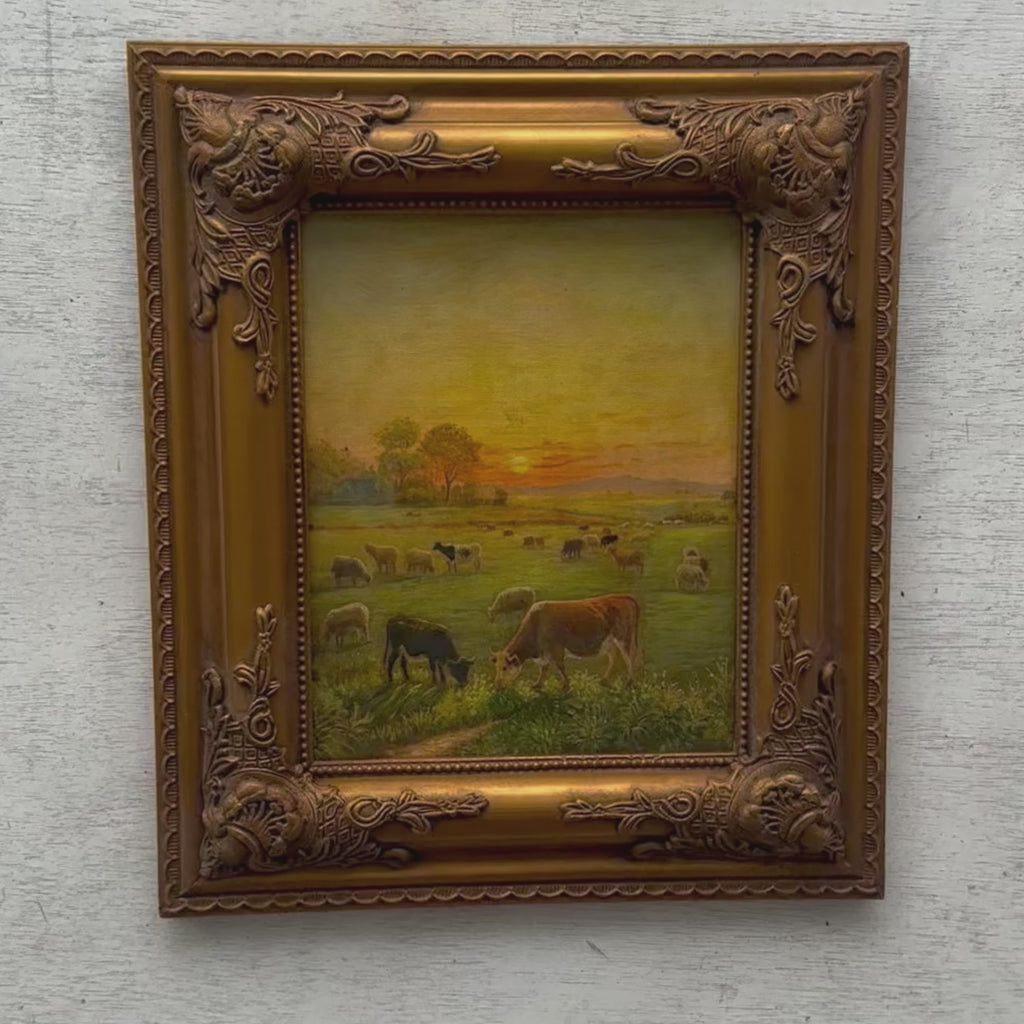 Golden Pasture at Sunset | Vintage Cattle Landscape Oil Painting | Gold Frame | circa 1970s | 13×15in