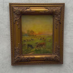 Golden Pasture at Sunset | Vintage Cattle Landscape Oil Painting | Gold Frame | circa 1970s | 13×15in