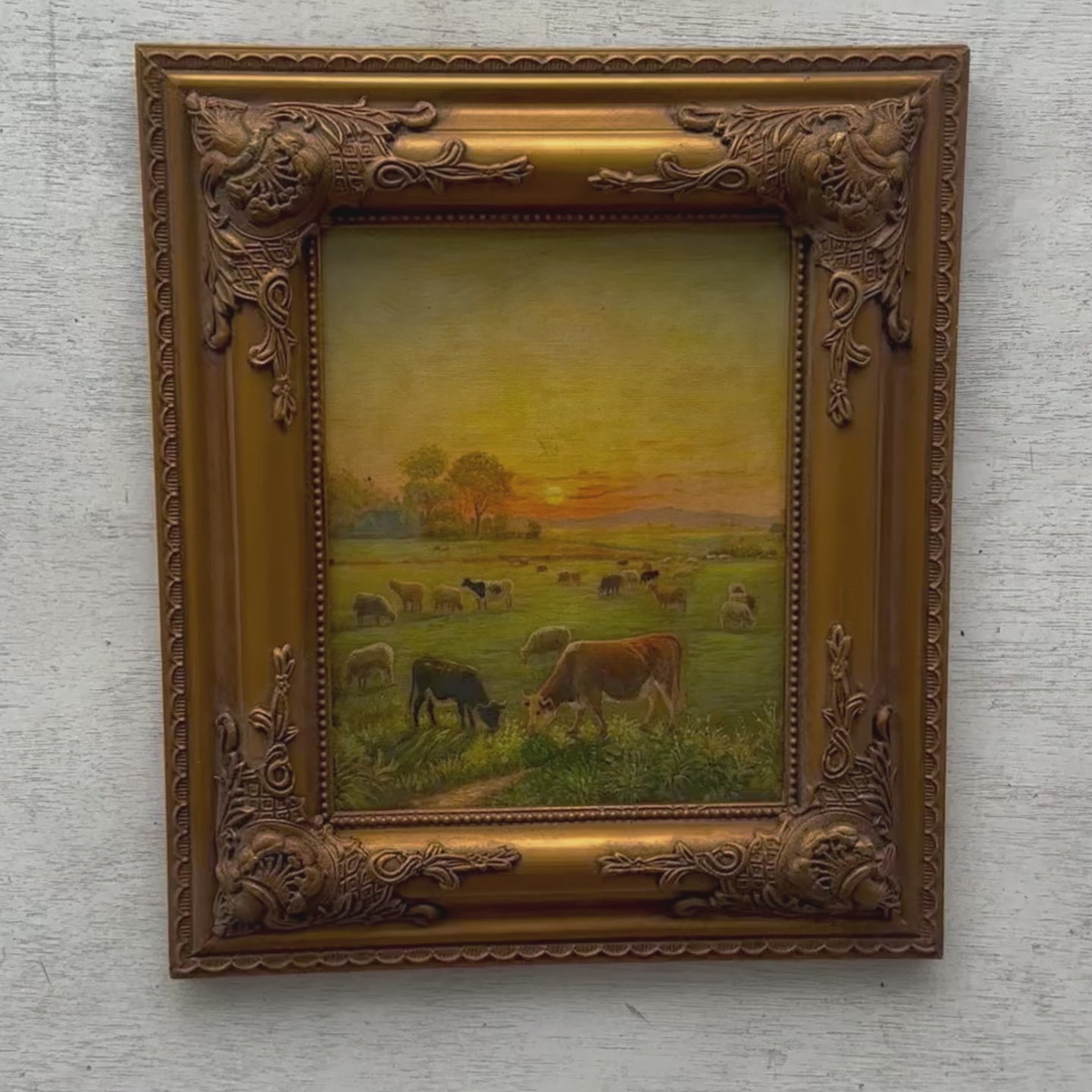 Vintage French Country Cattle Pastoral Oil Painting, Ornate Baroque Framed Farmhouse Landscape Art（副本）