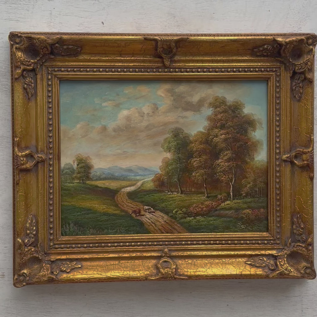 Country Road with Cattle Landscape Oil Painting | Rolling Hills | Gold Carved Frame | Original 1970s | 57×47cm