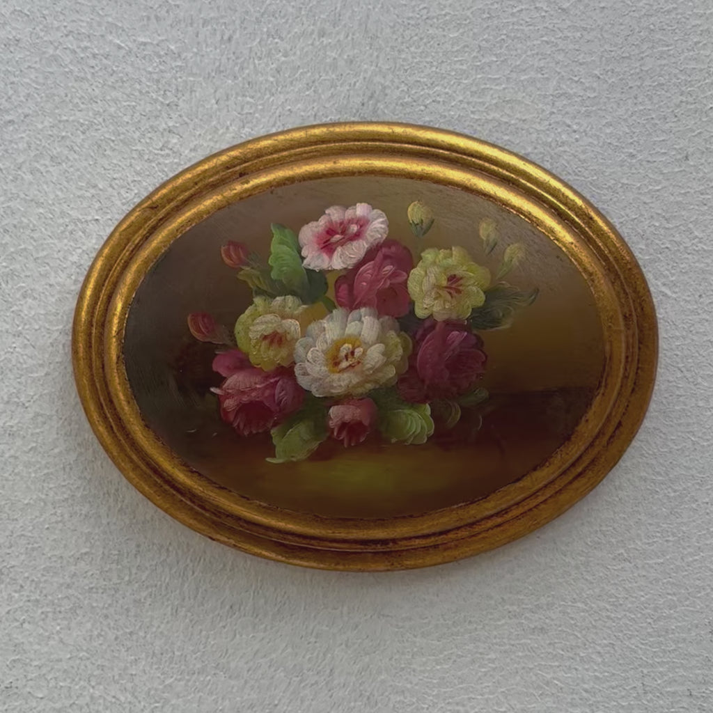 Oval Roses Oil Painting | Pink & Cream Bouquet | Raised Panel Gold Frame | 8.7×6.7in