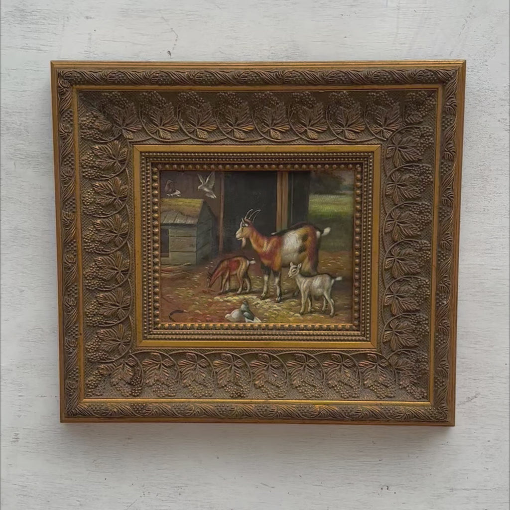 Farmyard Goats, Kids & Doves Oil Painting | Rustic Pastoral | Grapevine Gold Frame | Original 1970s | 50×45cm