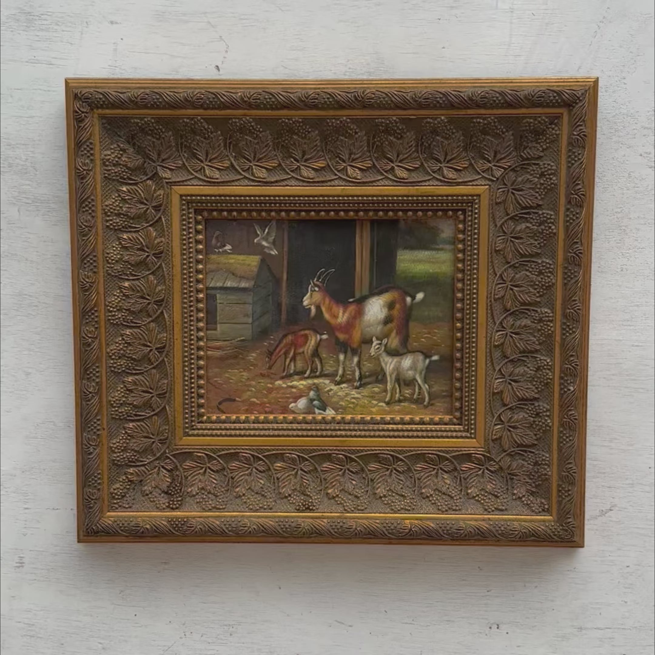 Original Farmhouse Goats Hand-Painted Oil Painting in Heavy Ornate Grapevine Gold Frame   ( with Frame 50 x 45 cm )