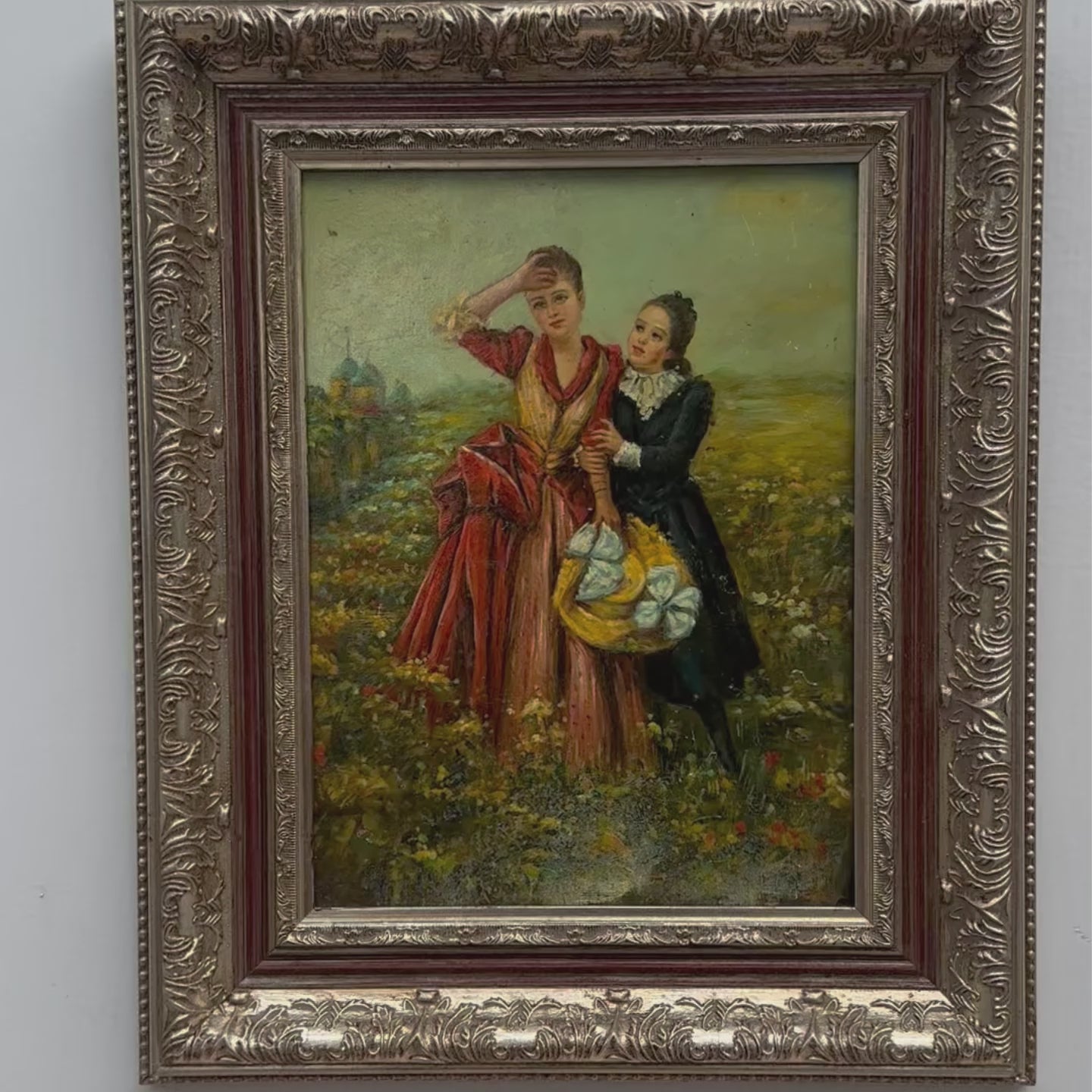 Ladies in the Meadow | Vintage Figure Oil Painting | Ornate Frame | 18.9×22.8in