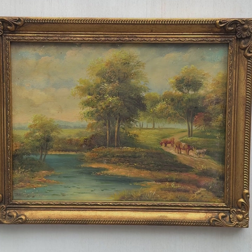 Horses by the Woodland Stream Oil Painting | Signed Francoi | Gold Frame | 18.1×14.2in