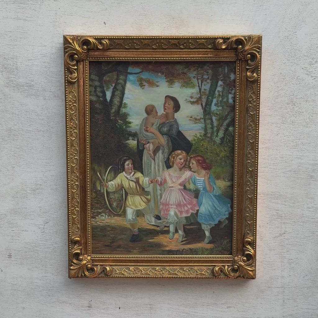 Mother and Children in Woodland Oil Painting | Family Scene | Gold Carved Frame | Original 1970s | 38×48cm