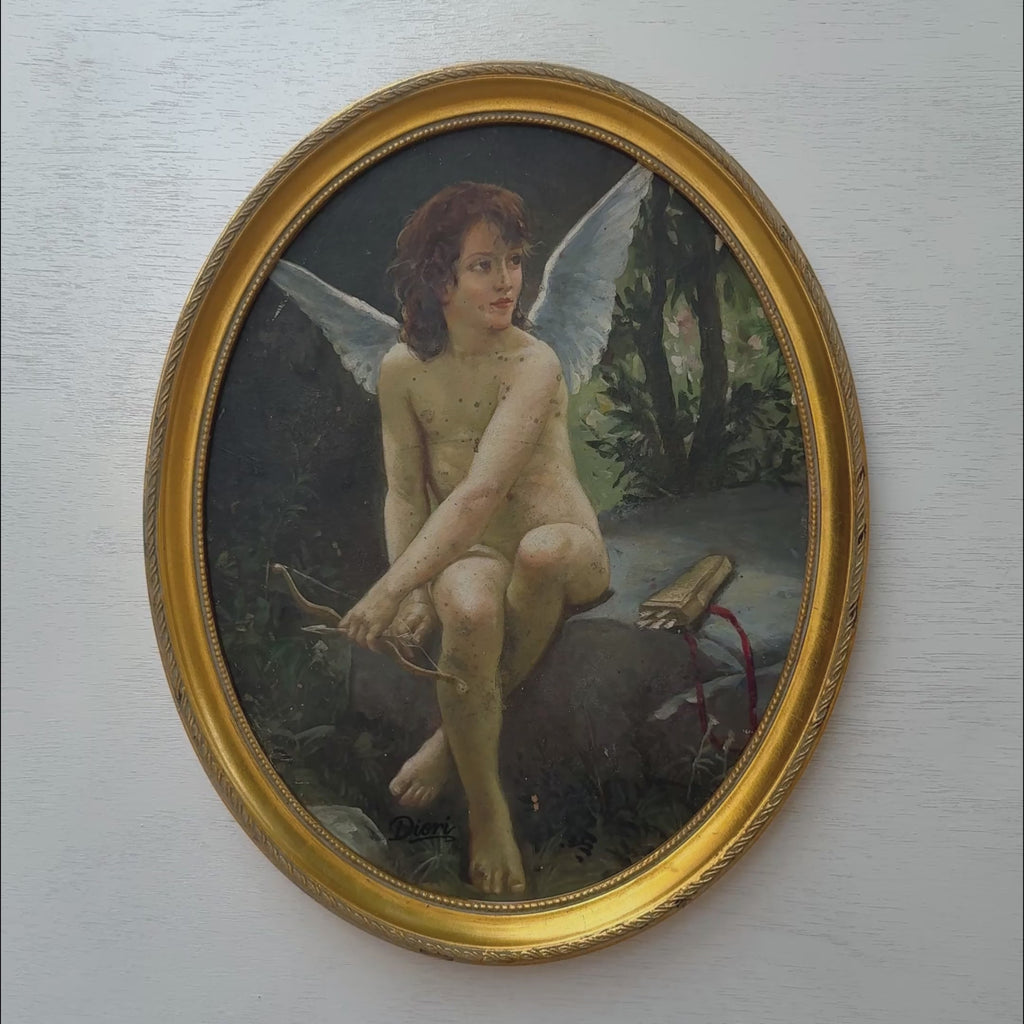 Cupid Resting in Forest Oil Painting | White Wings & Bow | Oval Gold Frame | Late 20th C. | 15.4×12.4in