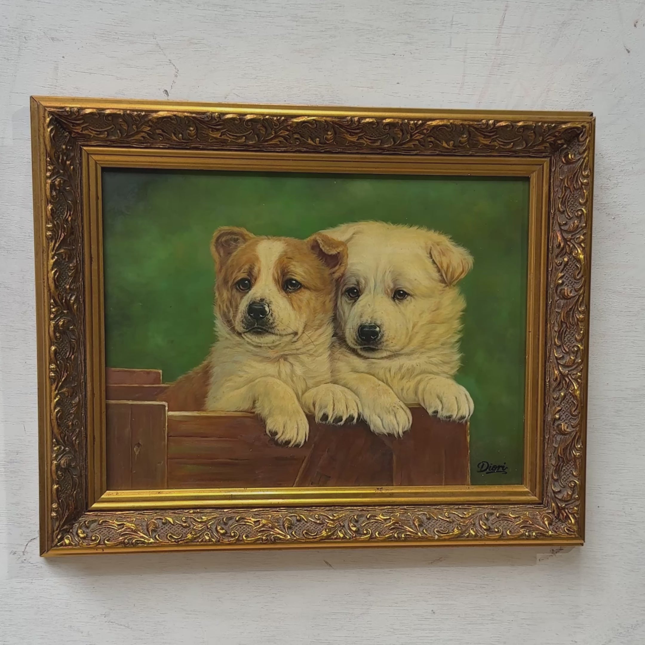 Two Puppies at Fence Oil Painting | Signed Diori | Gold Carved Frame | Original 1960s | 51×41cm