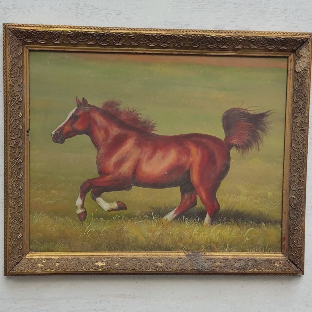Galloping Chestnut Horse Oil Painting | White Markings | Gold Bronze Frame | Original 1950s | 50×40cm