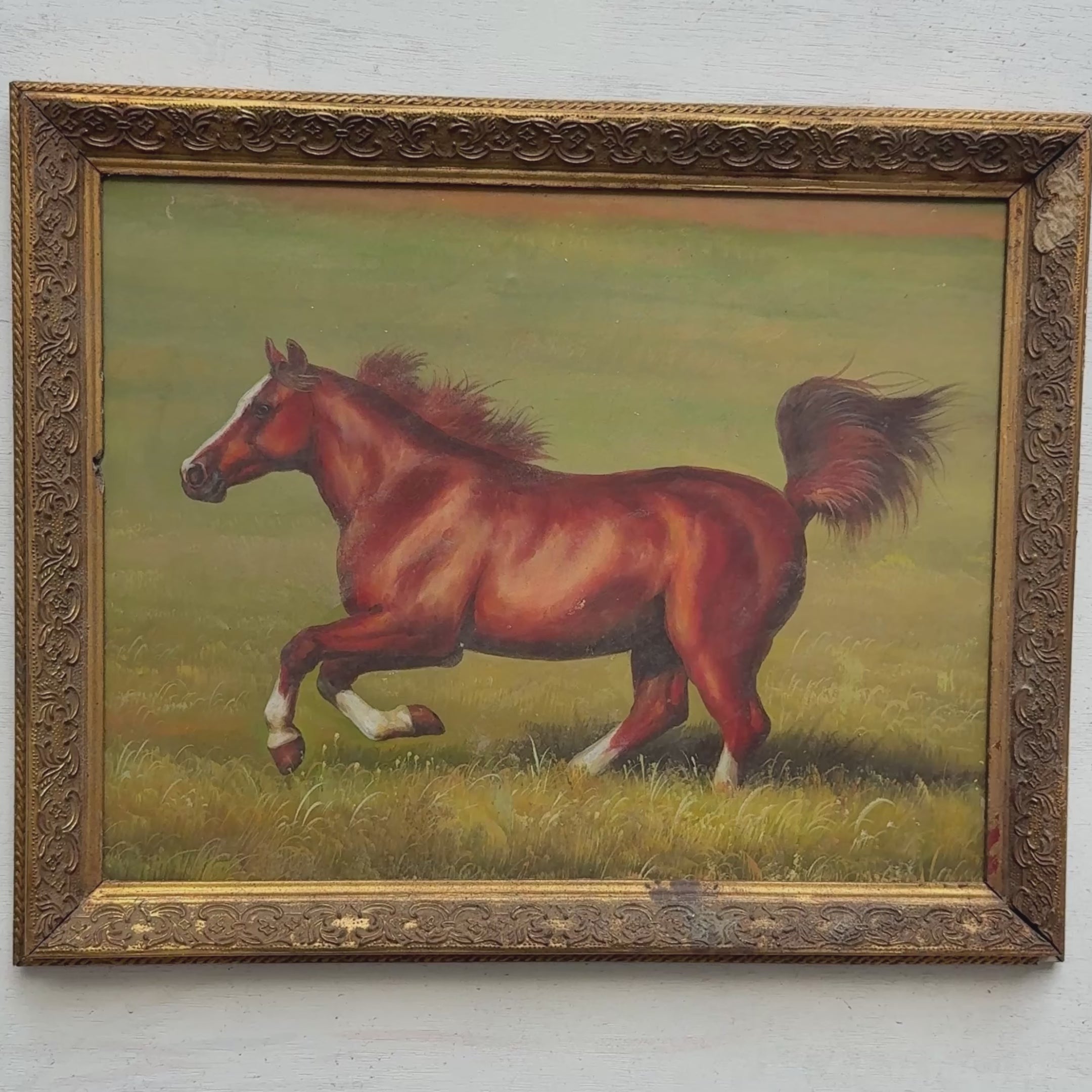 Vintage Horse Painting, Classic Hand Painted Equine Artwork, Ornate Wood Framed Collectible Oil Art