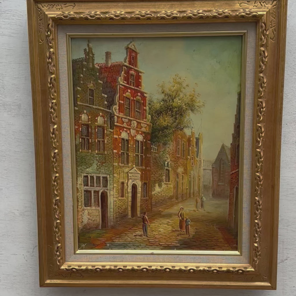 Dutch Old Town Street Scene Oil Painting | Red-Brick Cobblestone | Gilded Carved Frame | Original 1970s