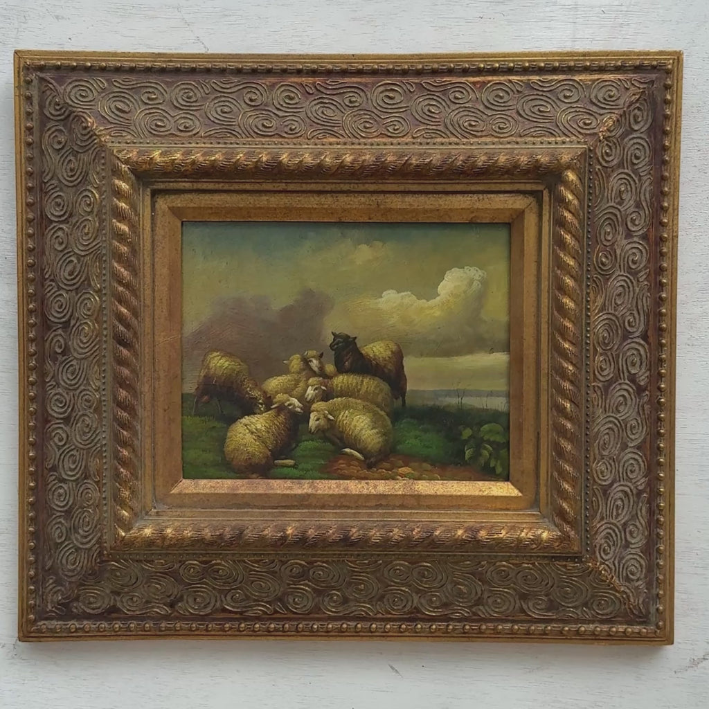 Sheep Flock with Sheepdog Pastoral Oil Painting | Dramatic Sky | Bronze Gold Frame | Original 1940s | 42.5×47.5cm