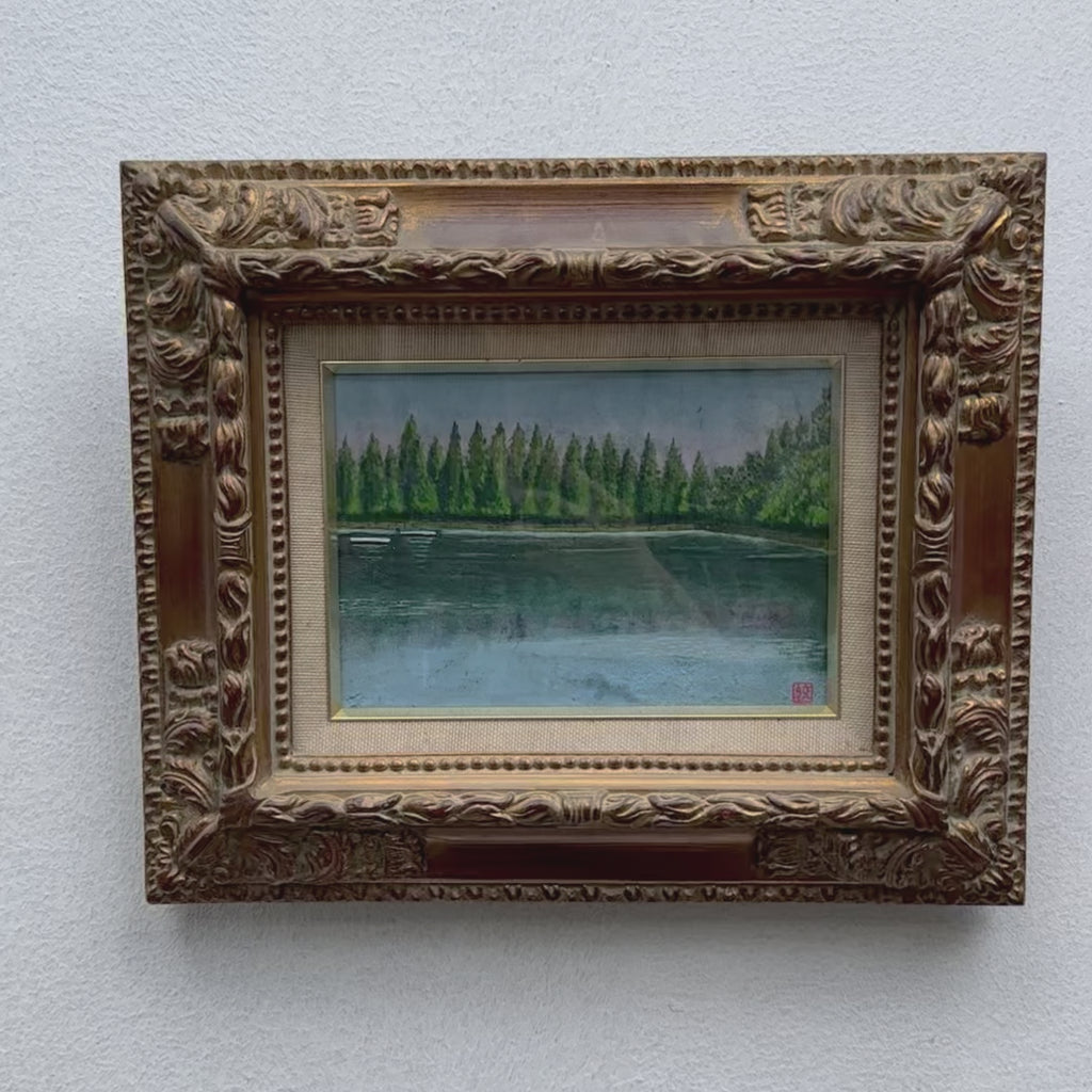 Original Hand-Painted Vintage Lakeside Landscape Oil Painting, Carved Solid Wood Frame, One of a Kind (Comes with Glass Cover)