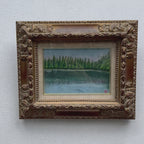 Original Hand-Painted Vintage Lakeside Landscape Oil Painting, Carved Solid Wood Frame, One of a Kind (Comes with Glass Cover)