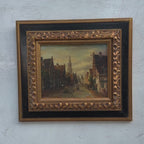 Old Dutch Town Street Scene Oil Painting | Stepped Gables & Church Spire | Black Gold Frame | Original 1950s | 42×37cm