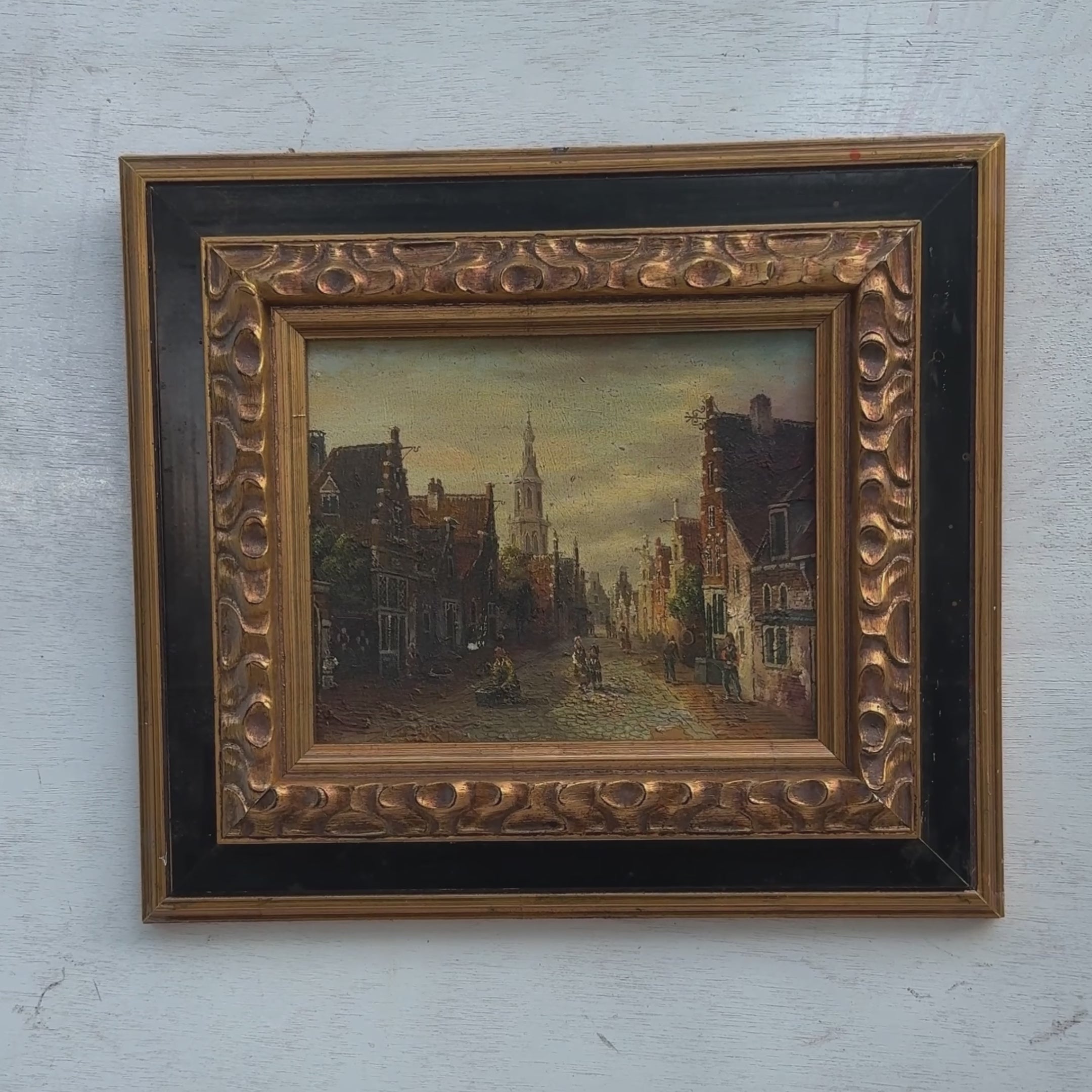Old Dutch Town Street Scene Oil Painting | Stepped Gables & Church Spire | Black Gold Frame | Original 1950s | 42×37cm