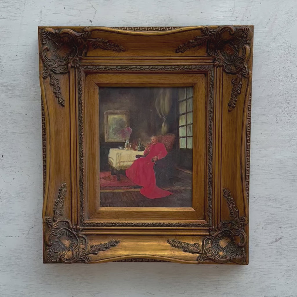 Cardinal's Quiet Afternoon Oil Painting | Crimson Robe & Pipe in Study | Aged Gold Frame | 16.1×18.1in