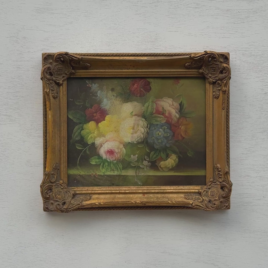 Golden Blooms | Vintage Floral Still Life Oil Painting | Ornate Gold Frame | 12.6×10.6in