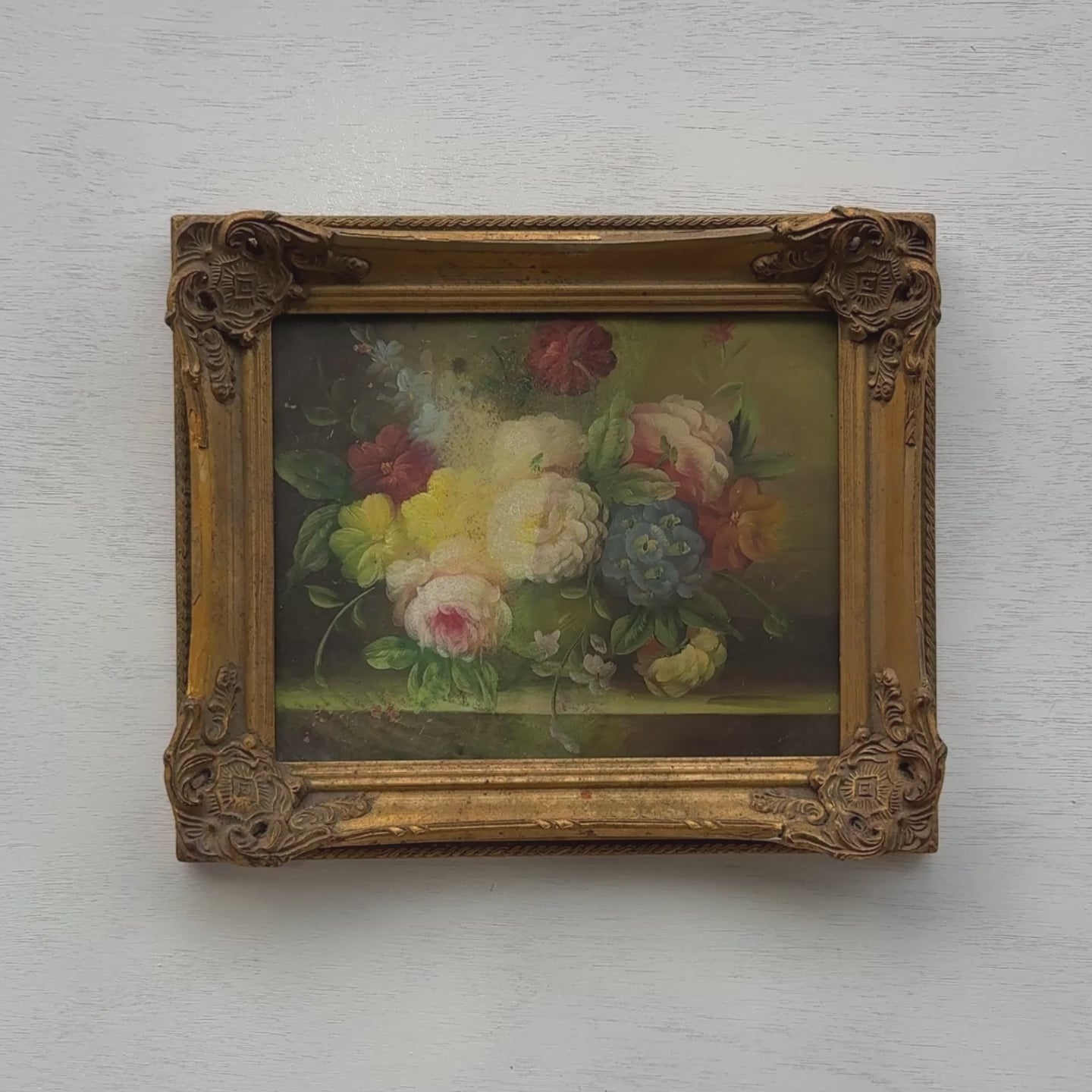 Golden Blooms | Vintage Floral Still Life Oil Painting | Ornate Gold Frame | 12.6×10.6in