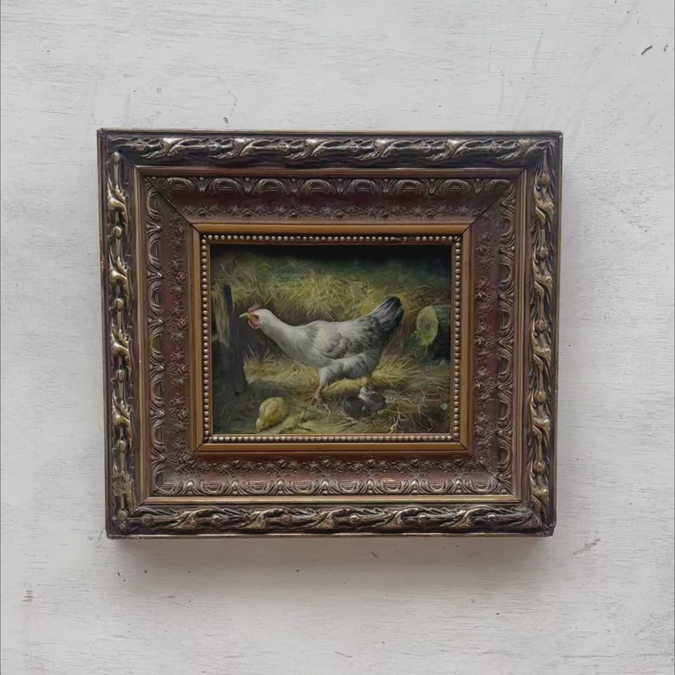 Vintage European Farmyard Oil Painting, Original Chicken Artwork for Classic Interiors(Approx. 17.7 × 15.7 inches)