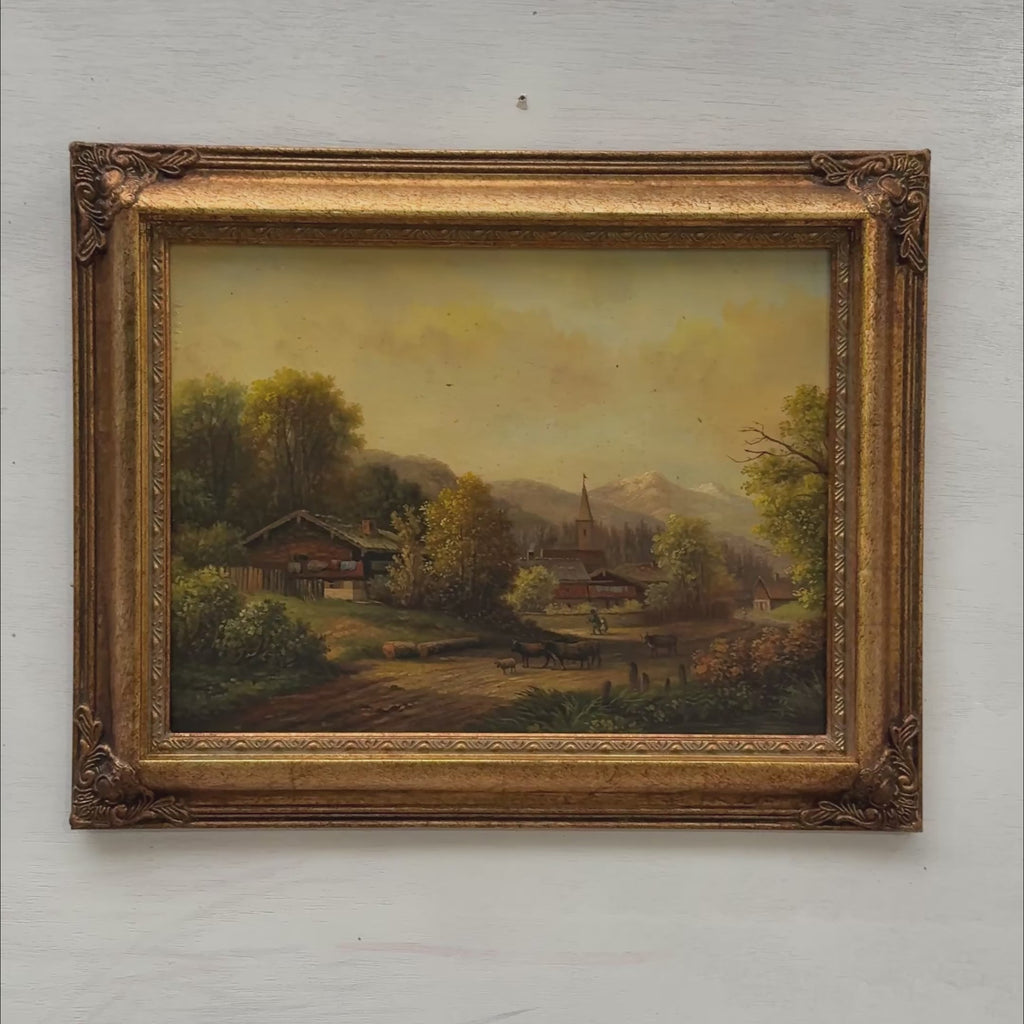 c.1960s Vintage European Alpine Landscape Oil Painting in Baroque Gold Gilt Frame