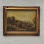 c.1960s Vintage European Alpine Landscape Oil Painting in Baroque Gold Gilt Frame