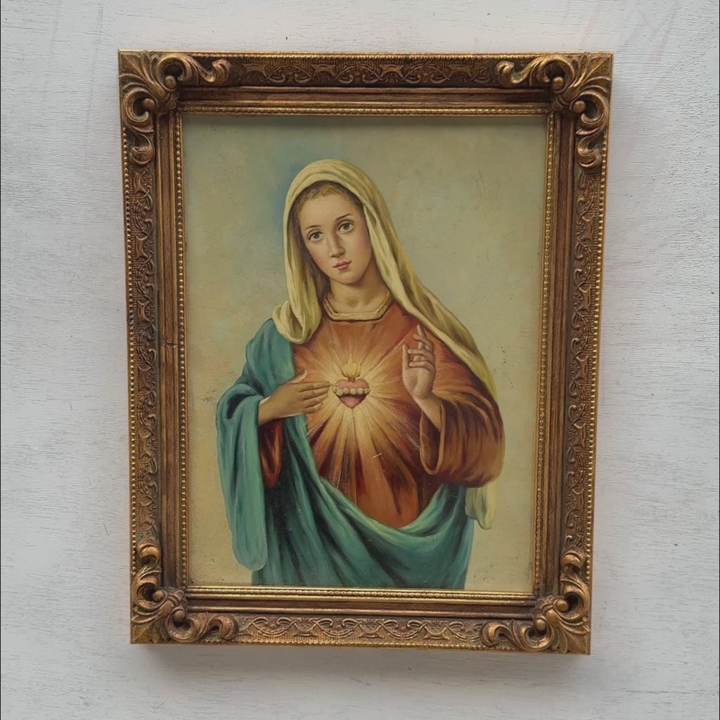 Immaculate Heart of Mary Oil Painting | Crimson Robe & Radiant Heart | Acanthus Gold Frame |