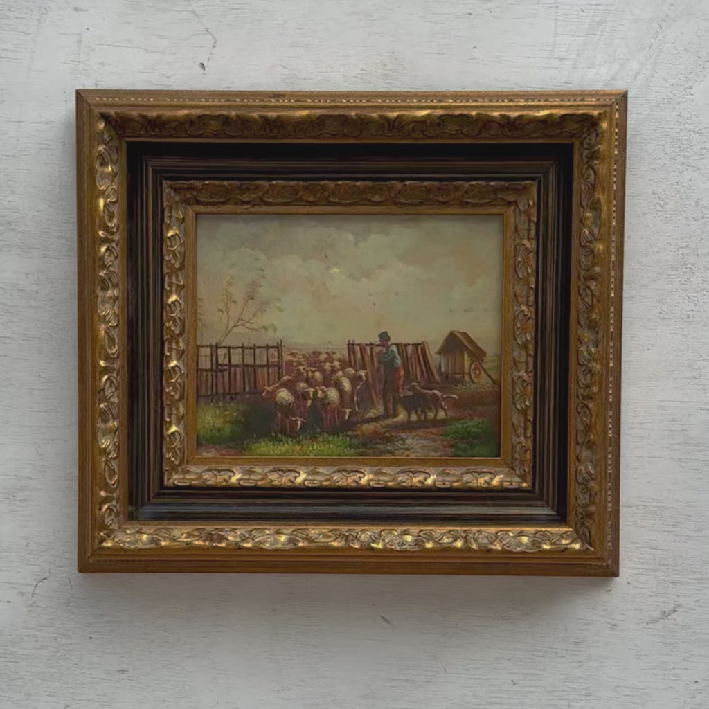 Shepherd's Return Oil Painting | Sheep Flock & Loyal Dog | Black Gold Frame | circa 1950s | 16.5×14.6in