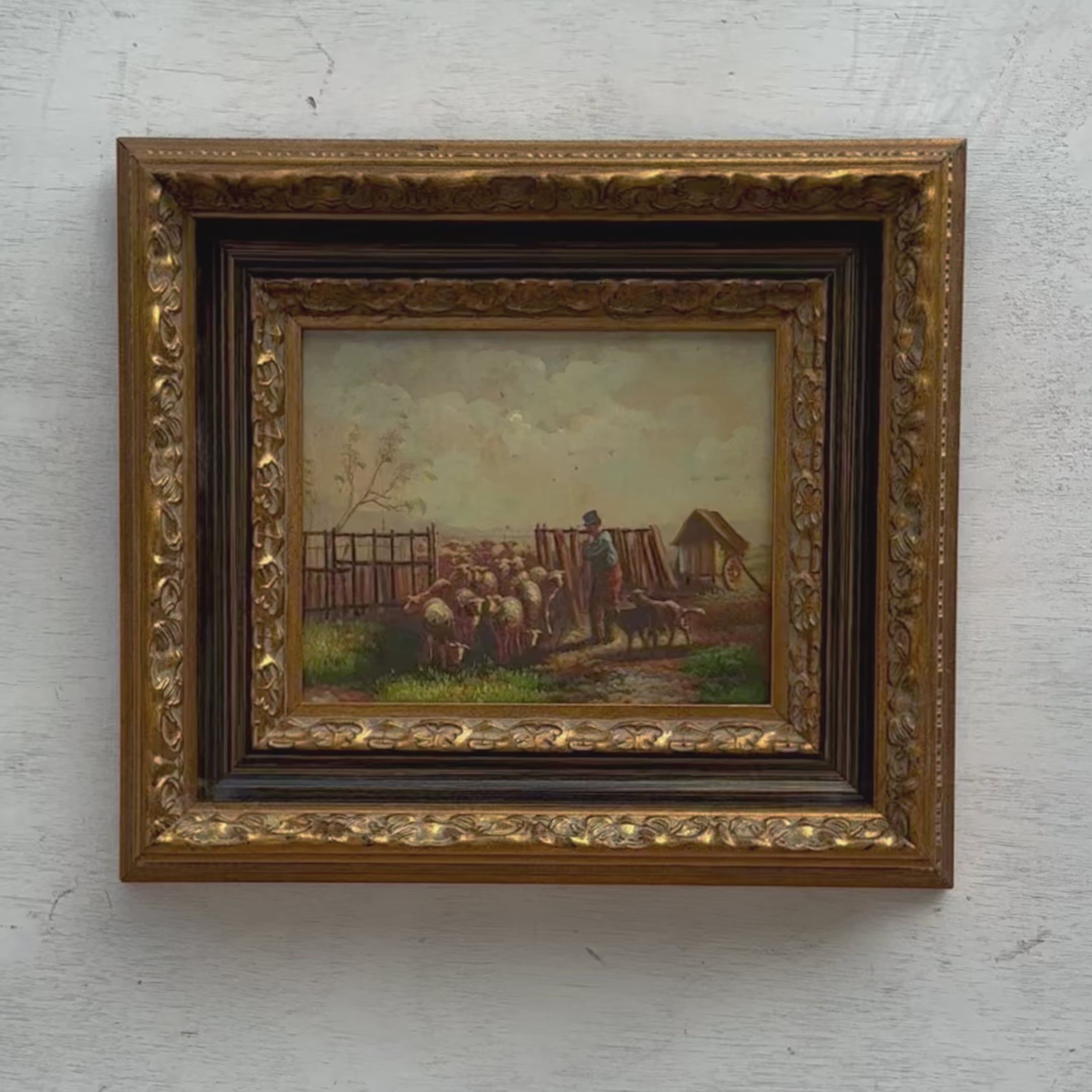 Original Vintage Sheep Farm Oil Painting, Rural Landscape Wall Art in Ornate Frame